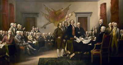 John Trumbull's painting, Declaration of Independence, depicting the five-man drafting committee of the Declaration of Independence presenting their work to the Congress.