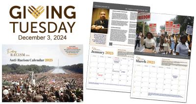 Cover of 2025 Anti-Racism Calendar featuring a photo of the crowd on the national mall for the 1963 March on Washington. Text says "Giving Tuesday, December 3, 2024.