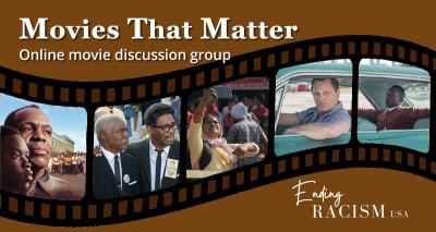 Curved strip of film with images from four movies featuring people of color. Text says: Movies That Matter online discussion group.