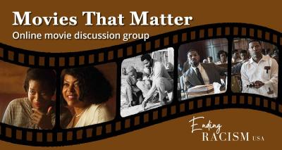 Curved strip of film with images from movies featuring people of color. Text says: Movies That Matter online discussion group.