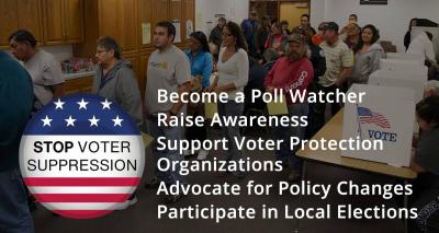 Background: Crowded room with many people standing in line to vote; foreground: "Stop Voter Suppression" button and action steps from article.