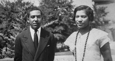 Black and white photo of Langston Hughes and Zora Neale Hurston