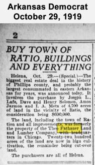 Newspaper clipping from October 29, 1919, announcing the sale of land and buildings of the town of Ratio, Arkansas.