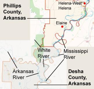 Map of southern Phillips County and northern Desha County in Arkansas showing rivers.