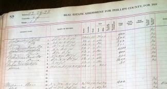 Photo of Phillips County 1919 tax records showing Fergusons as land-owners.