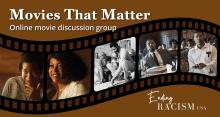 Curved strip of film with images from movies featuring people of color. Text says: Movies That Matter online discussion group.