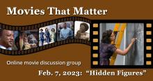 curved strip of film with images from five movies featuring people of color, leading to larger single frame of film picturing Taraji P. Henson as Katherine Goble Johnson on a ladder doing math on a large chalkboard