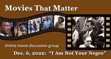 curved strip of film with images from five movies featuring people of color, leading to larger single frame of film picturing James Baldwin, a black man, sitting in a crowd of mostly white people