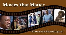 curved strip of film with images from five movies featuring people of color