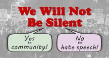 Bold text says "We Will Not Be Silent" and two speech bubbles say "Yes to community!" and "No to hate speech!" over background image of marchers at the 1963 March on Washington carrying signs for jobs and freedom.