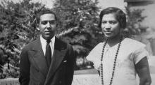 Black and white photo of Langston Hughes and Zora Neale Hurston